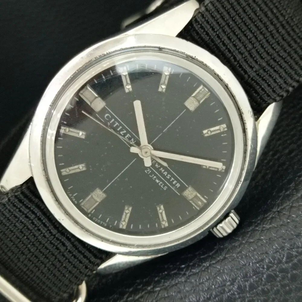 Vintage 1984 Citizen Manual Wound Mens Silver Watch & Black accents
